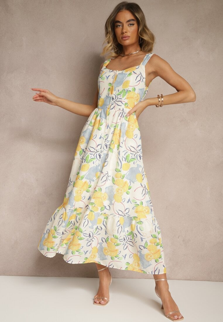 Beżowa Bawełniana Sukienka z Motywem Cytryn Lenvira