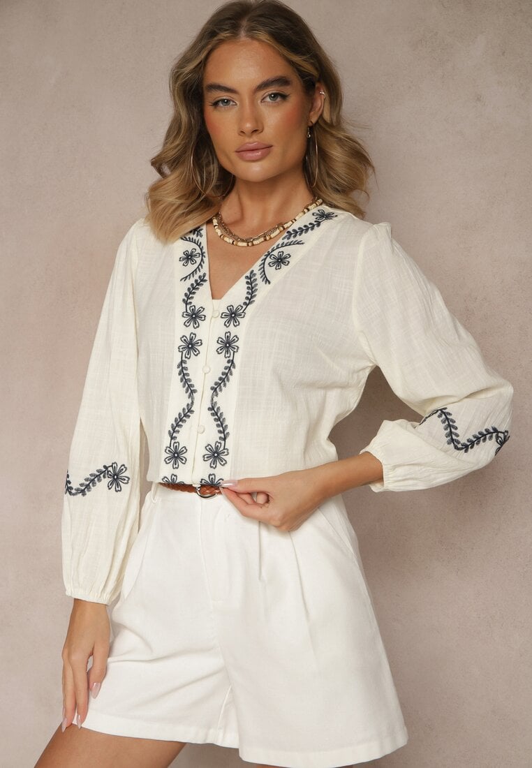 Beżowa Koszula z Wiskozą z Dekoltem V Zdobiona Haftem z Motywem Kwiatowym Gonarrae