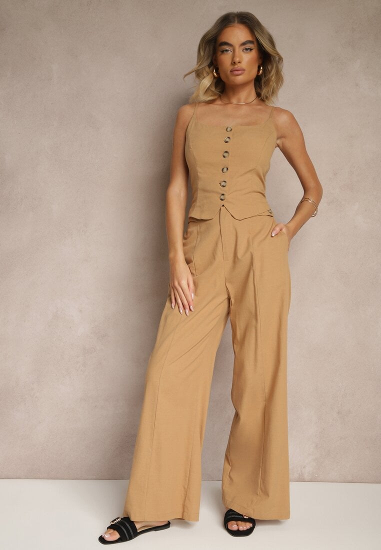 Ciemnobeżowe Spodnie z Bawełną i Wiskozą o Szerokim Kroju z Imitacją Kieszeni Divlene