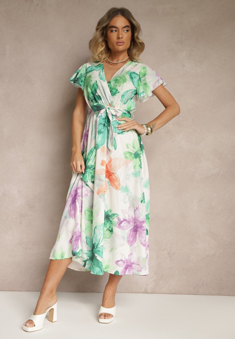 Ciemnozielona Kopertowa Sukienka z Wiązanym Paskiem w Kwiatowy Wzór Redellira