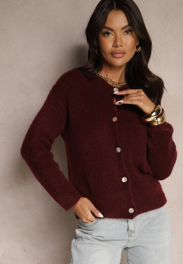 Bordowy Kardigan o Casualowym Kroju z Wełną i Moherem Lilothel