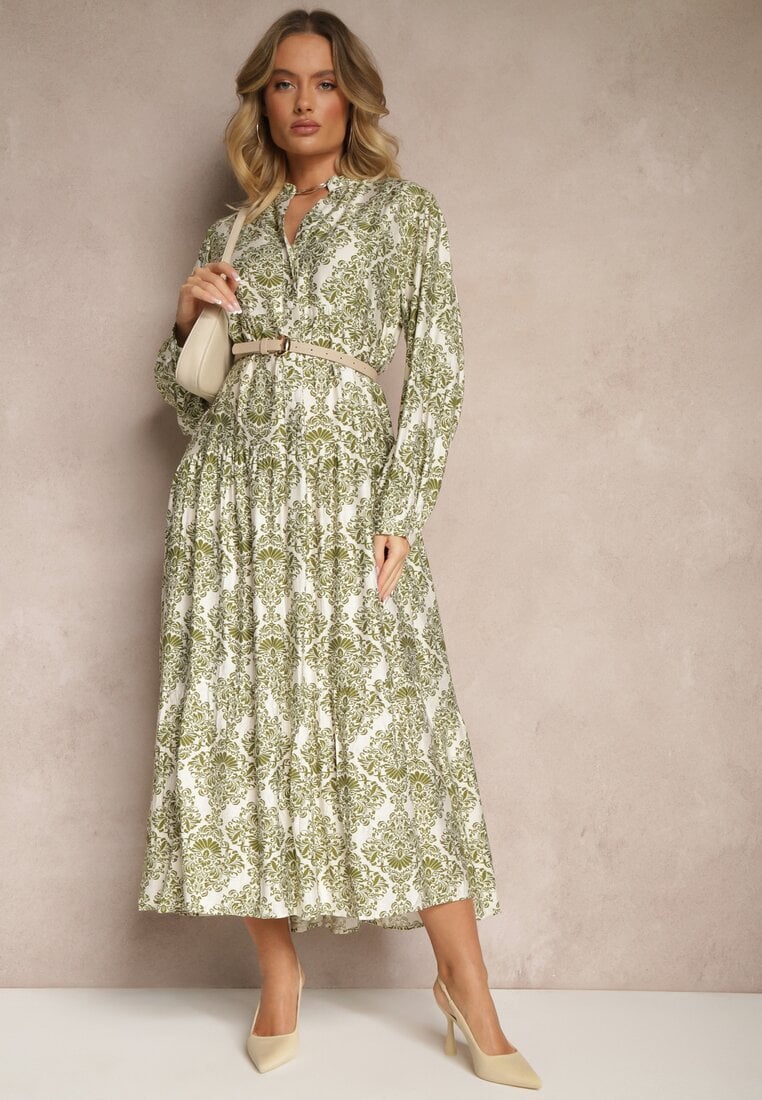 Zielona Wiskozowa Sukienka w Ornamentalny Wzór o Rozkloszowanym Kroju Gonalia