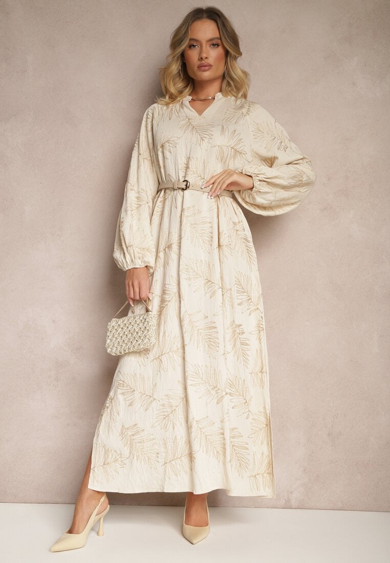 Jasnobeżowa Sukienka z Wiskozy Ozdobiona Haftami i Metaliczną Nicią Tervezia