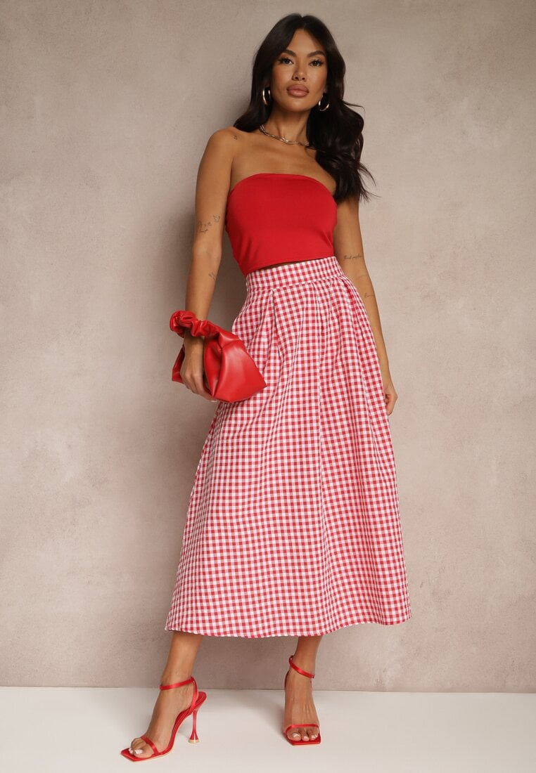 Czerwona Długa Spódnica z Bawełną w Kratkę o Rozkloszowanym Fasonie Leandiwen