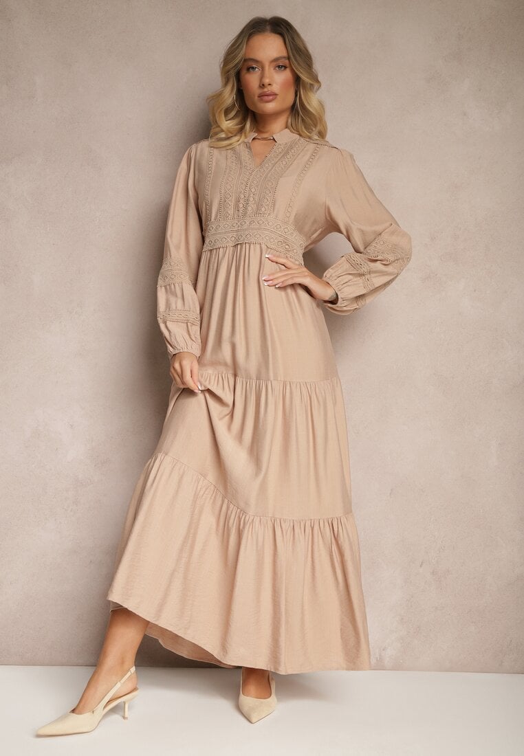 Beżowa Rozkloszowana Sukienka z Wiskozy w Stylu Boho z Koronką i Gumką Gonalien