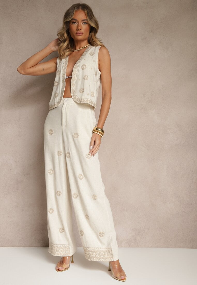 Beżowe Spodnie z Wiskozą i Lnem High Waist o Szerokim Kroju z Haftem Wilirna
