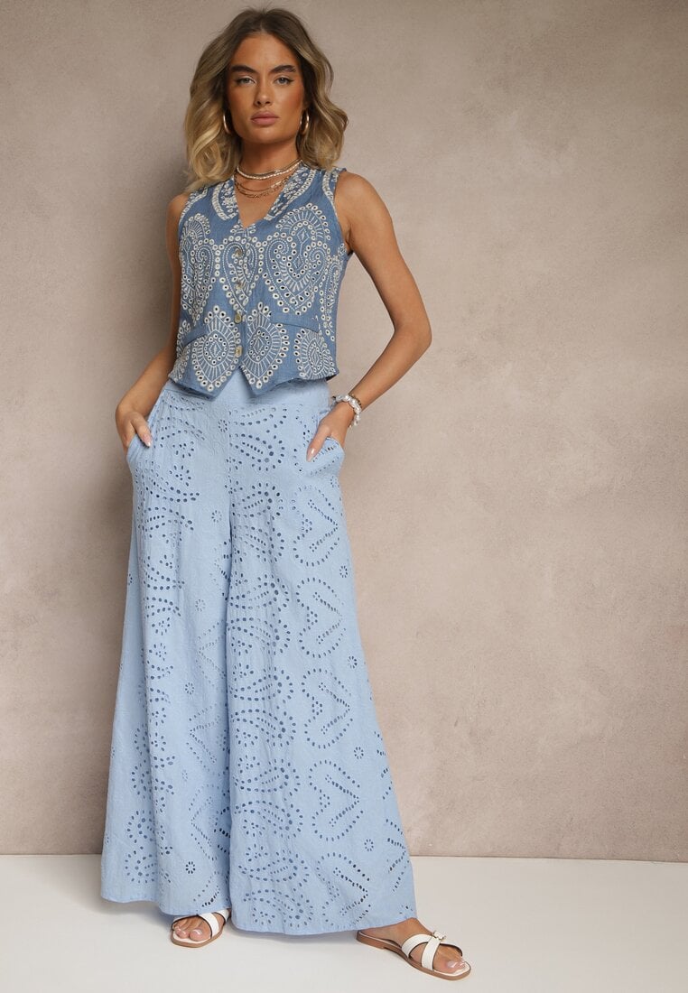 Niebieskie Ażurowe Spodnie z Bawełny High Waist o Szerokim Kroju Evinassa
