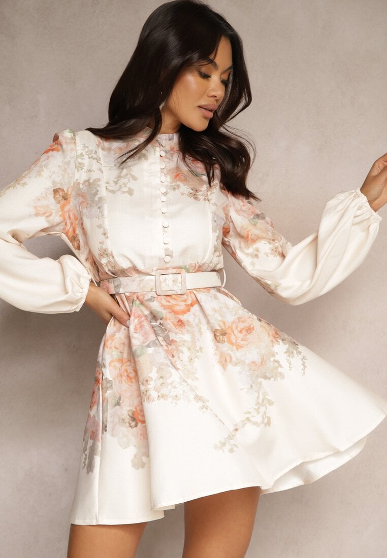 Beżowa Sukienka o Rozkloszowanym Kroju z Paskiem w Kwiaty Melvivis