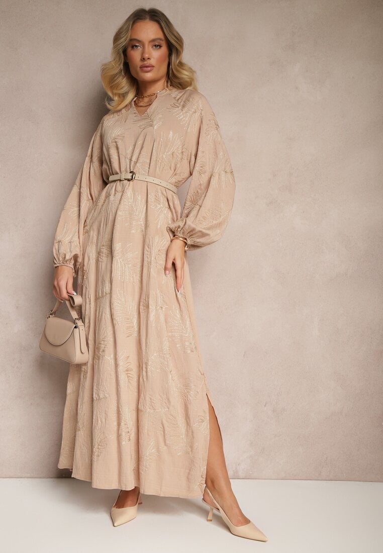 Beżowa Sukienka z Wiskozy Ozdobiona Haftami i Metaliczną Nicią Tervezia