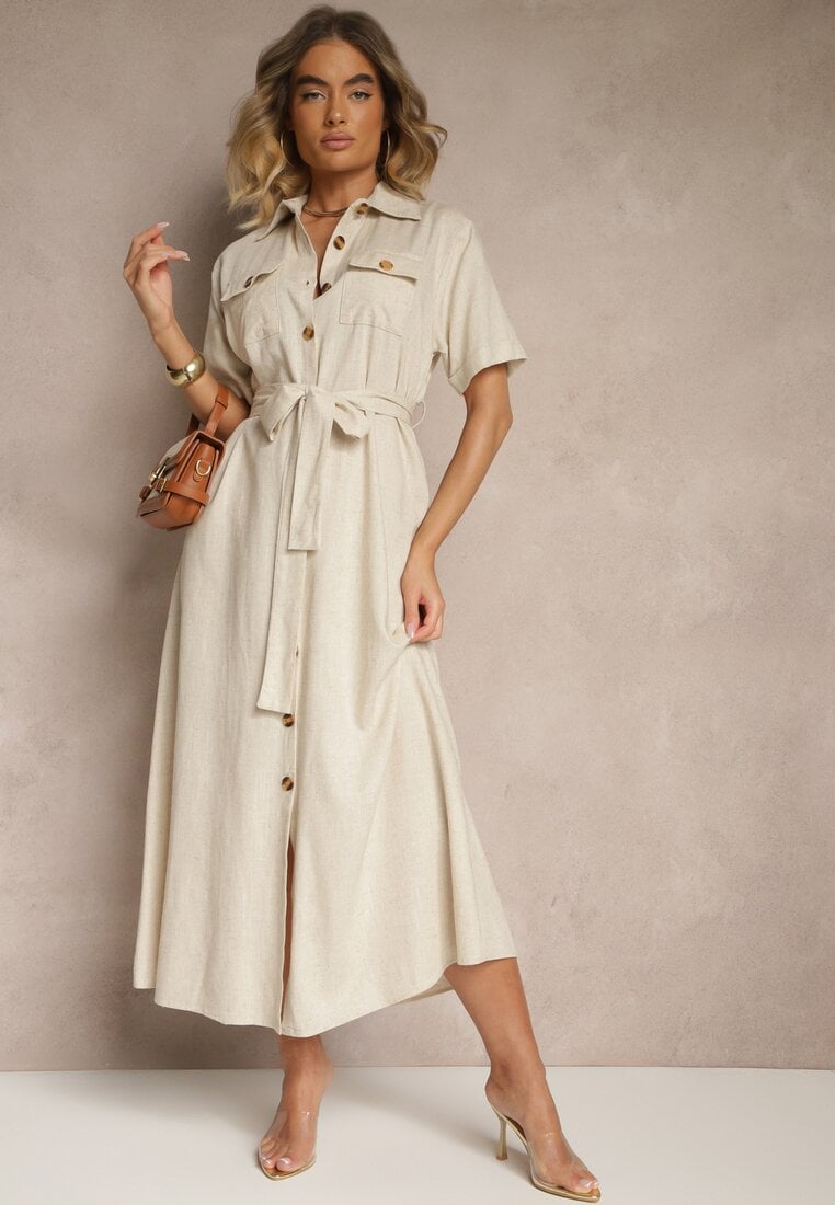Beżowa Sukienka z Lnu i Wiskozy o Koszulowym Fasonie Weolara