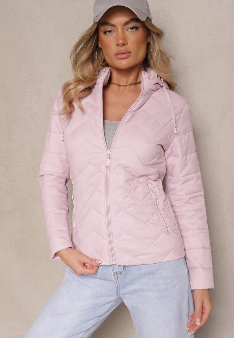 Jasnoróżowa Kurtka Przejściowa z Pikowaniem i Odpinanym Kapturem Leopia