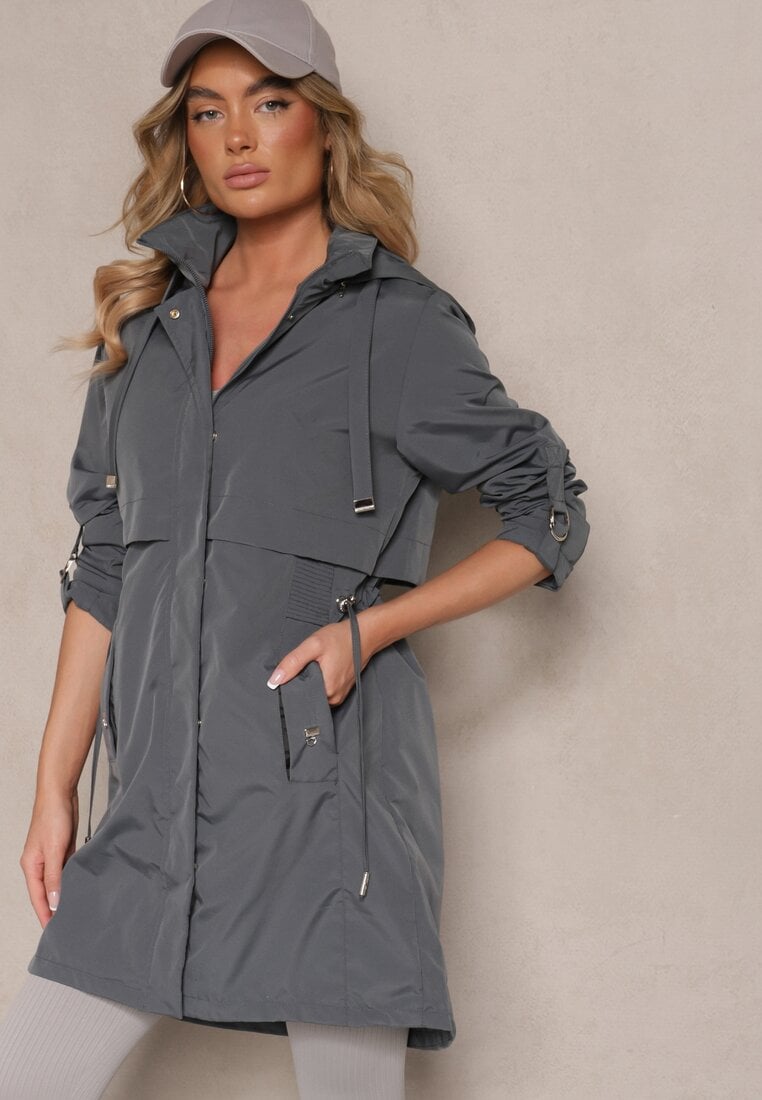 Szara Kurtka Parka z Kapturem i Regulowanymi Troczkami Isalene