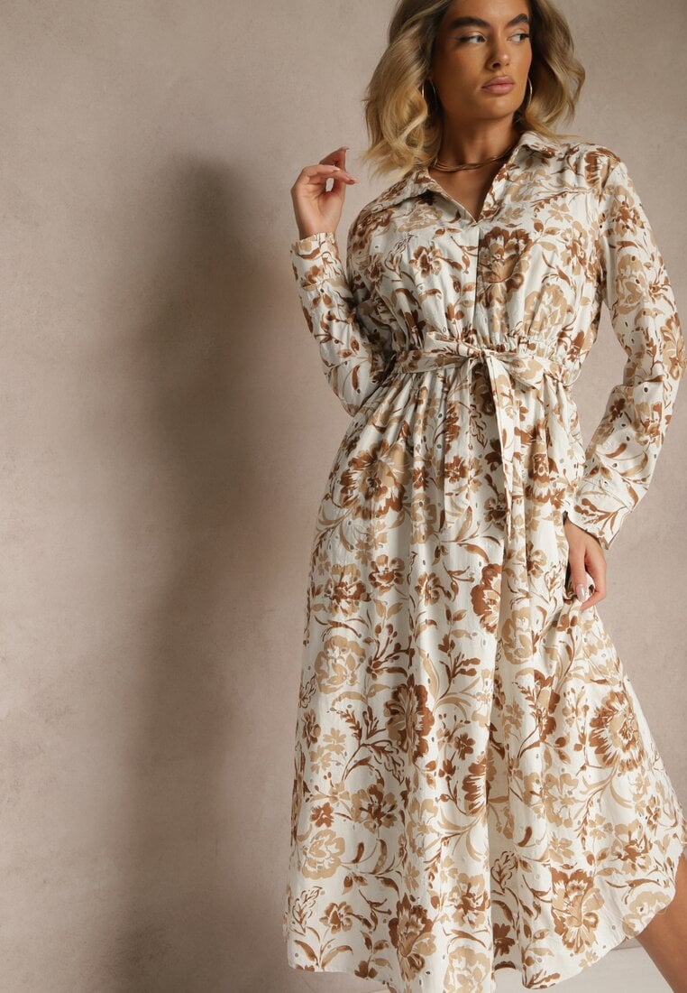 Jasnobeżowa Wiskozowa Sukienka w Kwiatowy Wzór o Koszulowym Kroju z Paskiem Zelkiona