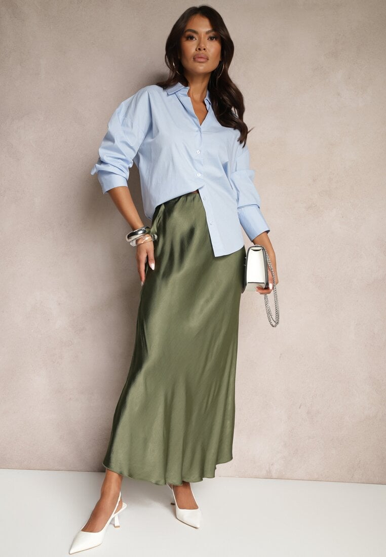 Zielona Rozkloszowana Spódnica Satynowa z Wiskozy Rihaniel