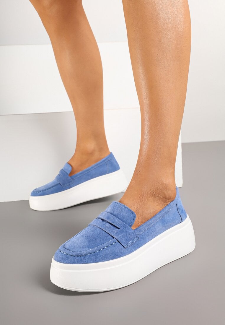 Granatowe Mokasyny ze Skóry Naturalnej na Platformie Eleanine