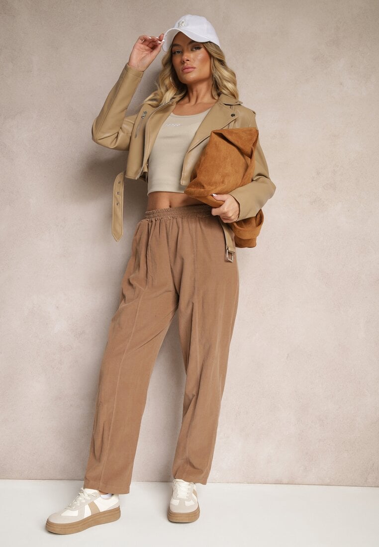 Brązowe Bawełniane Spodnie High Waist w Klasycznym Stylu Arivora