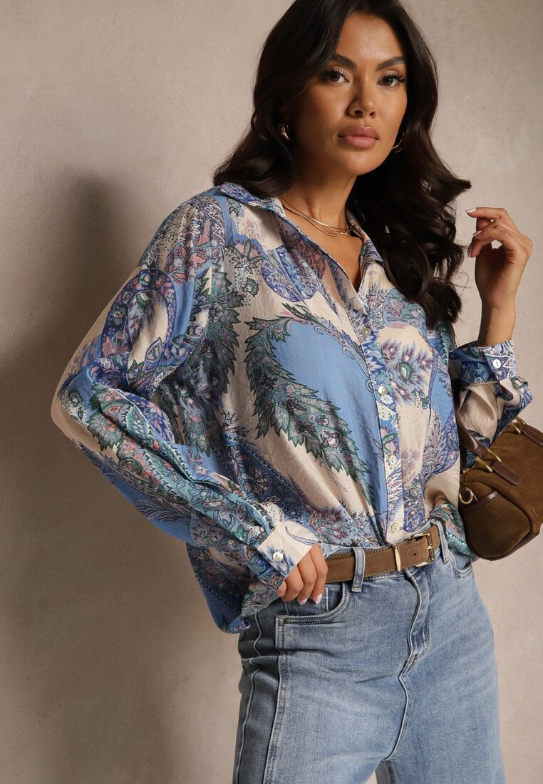 Niebieska Koszula z Wiskozą o Klasycznym Kroju w Ornamentalny Print Arasira