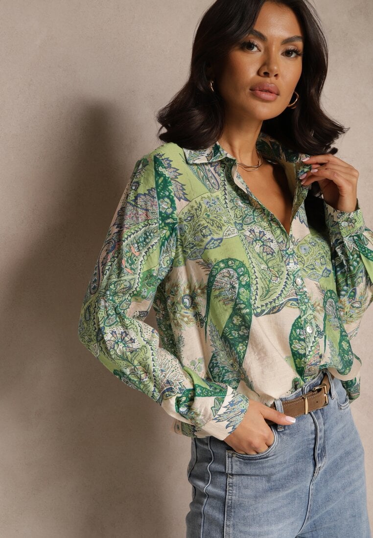 Zielona Koszula z Wiskozą o Klasycznym Kroju w Ornamentalny Print Arasira