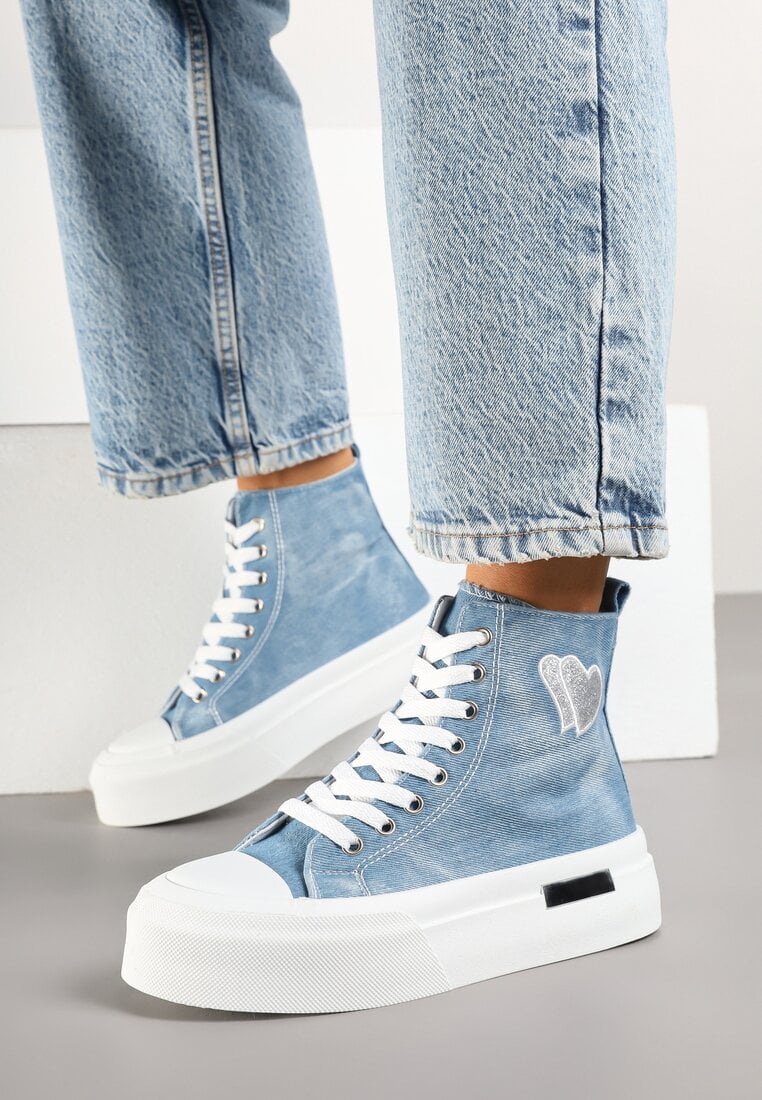 Jasnoniebieskie Trampki na Platformie z Wysoką Cholewką z Haftem z Brokatem Elanitha