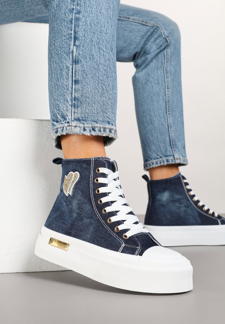 Granatowe Trampki na Platformie z Wysoką Cholewką z Haftem z Brokatem Elanitha