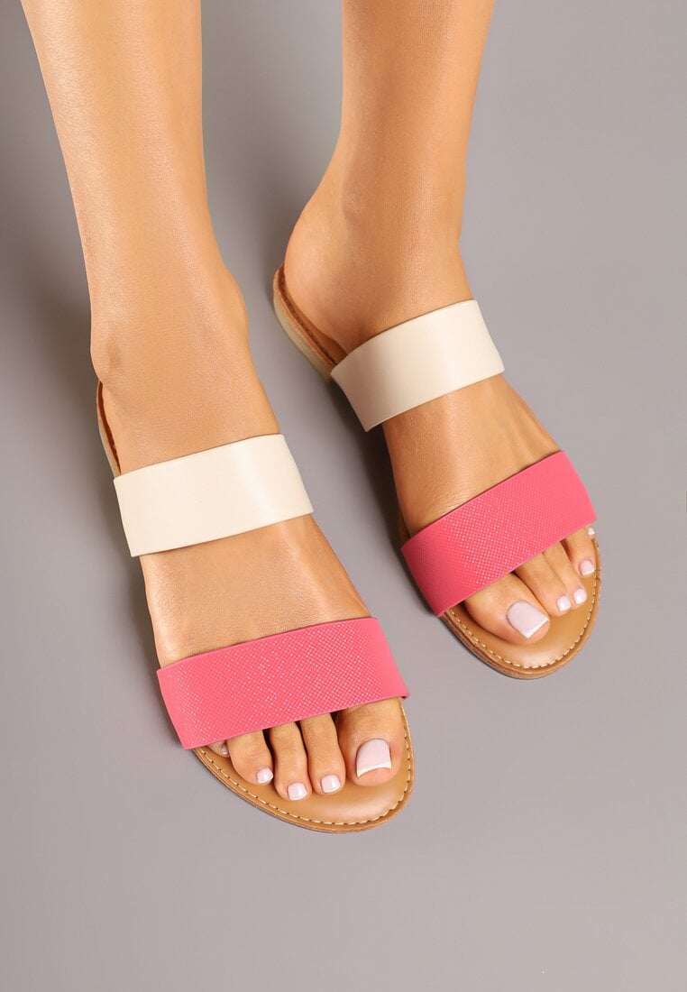 Fuksjowe Casualowe Klapki na Płaskiej Podeszwie z Dwoma Paskami Denelie