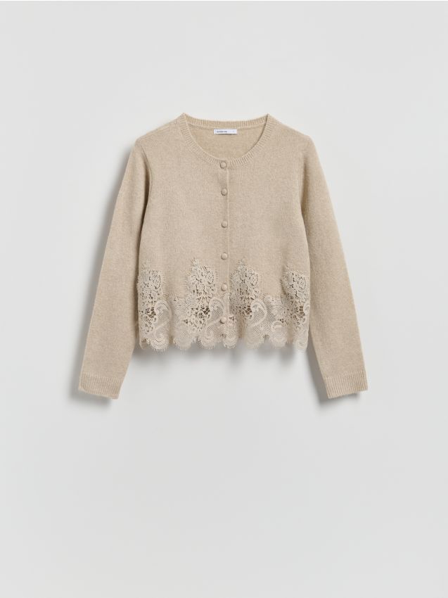 Reserved - Kardigan z koronkowym wykończeniem - beżowy
