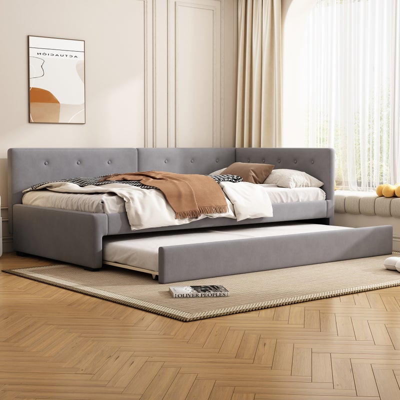 Daybed-90x200 cm-z poduszką-nagłówkiem-rozszerzalne łóżko rolkowe-welur-MDF-minimalistyczny design-szary