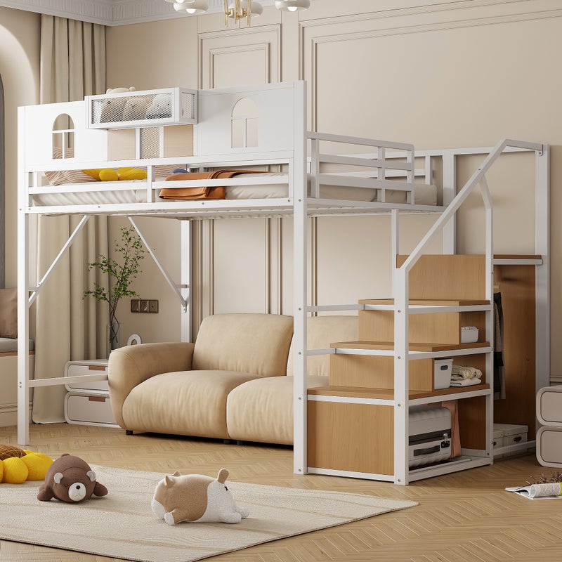 Łóżko metalowe wiszące 140x200 cm-Szafka z półkami-Stała konstrukcja metalowa-Nowoczesny biały design-Przestrzeń do przechowywania pod łóżkiem