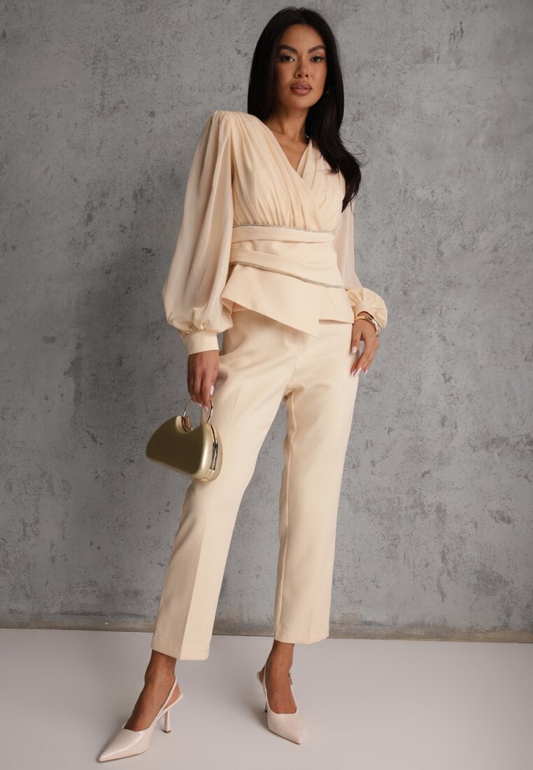 Beżowe Klasyczne Spodnie VICES Garniturowe High Waist Dimaia