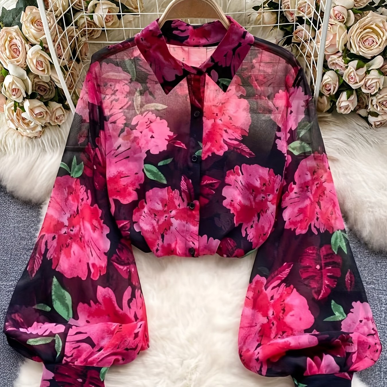 TEMU Damska bluzka z długim rękawem w kwiatowy wzór, zapinana na guziki, idealna na co dzień