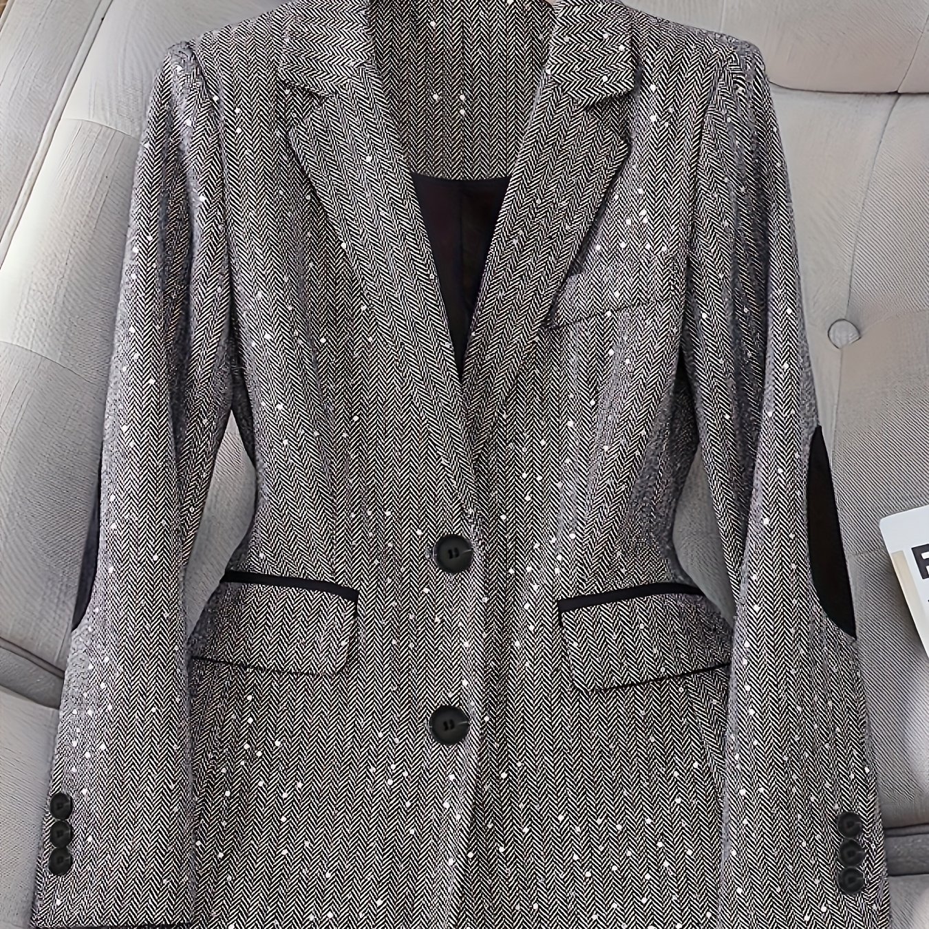 TEMU Klasyczna Elegancka Marynarka Damska w Kolorze Szarym - Jednorzędowa Kurtka Biurowa z Guzikami, Pranie Maszynowe, Wiosenna/Jesienna Odzież