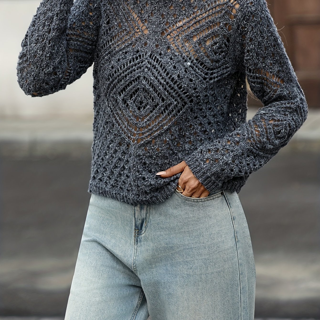 TEMU Sweter damski z ażurowym wzorem, elegancki kardigan casual, boho sweter z długim rękawem, lekki i szydełkowany