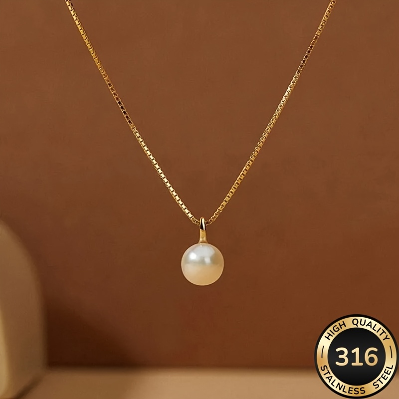 TEMU Naszyjnik z hipoalergicznej stali nierdzewnej 316, pozłacany 18-karatowym złotem Damski wisiorek ze sztuczną perłą, odporny na blaknięcie,