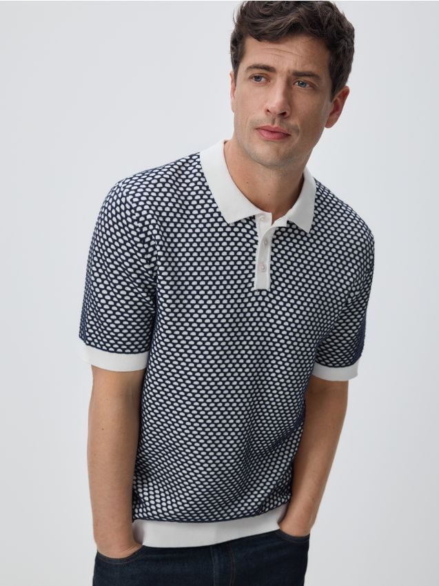 Reserved - Bawełniany sweter polo - granatowy