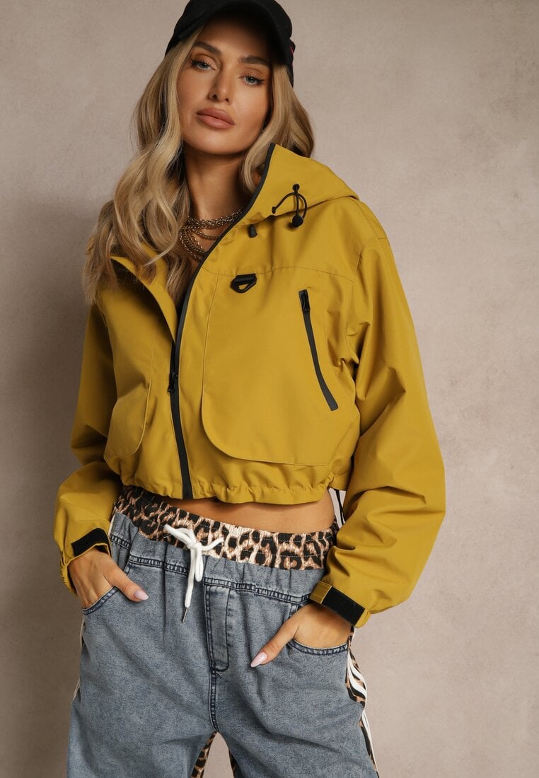 Żółta Kurtka w Stylu Oversize z Kapturem i Kieszeniami Lorlio
