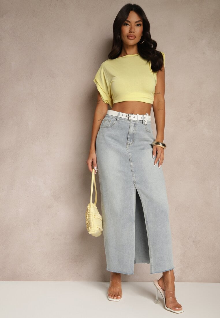 Jasnoniebieska Spódnica Jeansowa o Ołówkowym Kroju Zdobiona Rozcięciem Lisovira