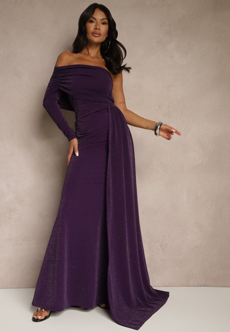 Ciemnofioletowa Wieczorowa Sukienka Asymetryczna na Jedno Ramię z Trenem i Metaliczną Nicią Emivonia