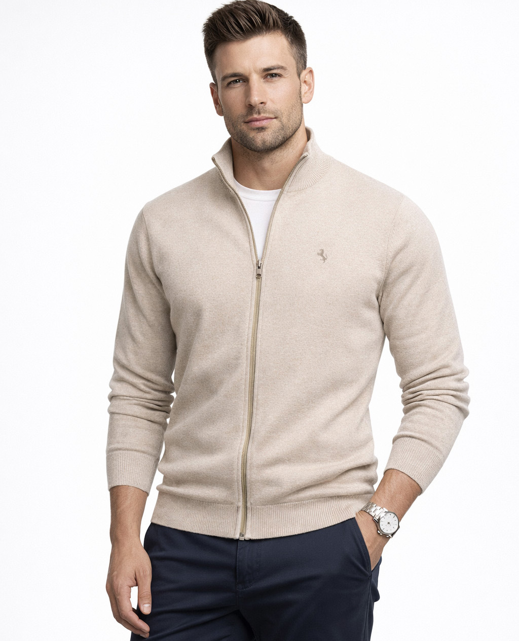 Sweter męski na suwak z stójką bawełniany beżowy Recea
