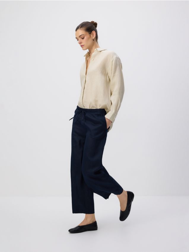 Reserved - Lniane spodnie z wiązaniem - granatowy