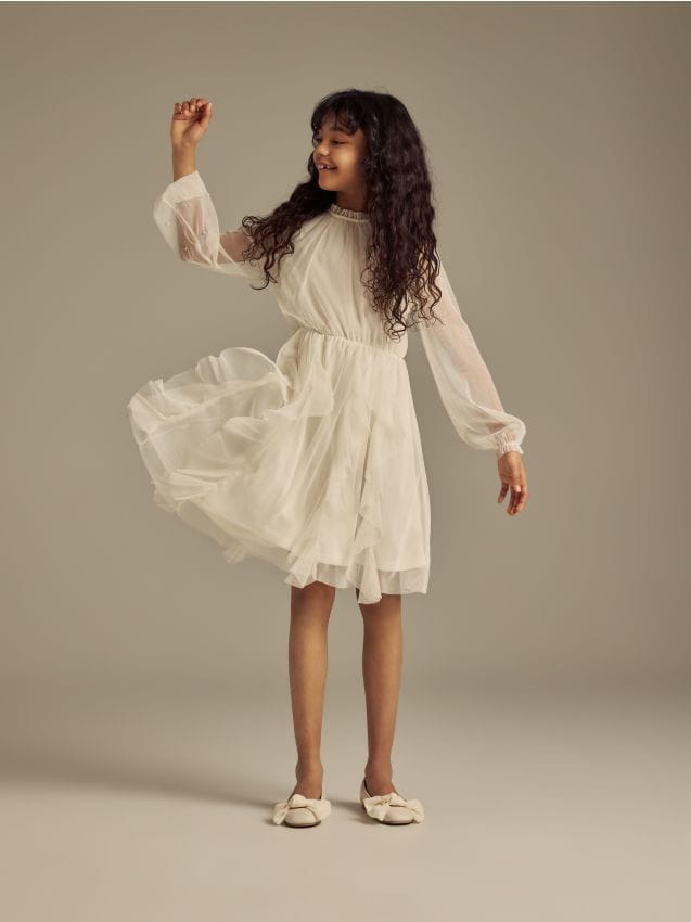 Reserved - Tiulowa sukienka - kremowy