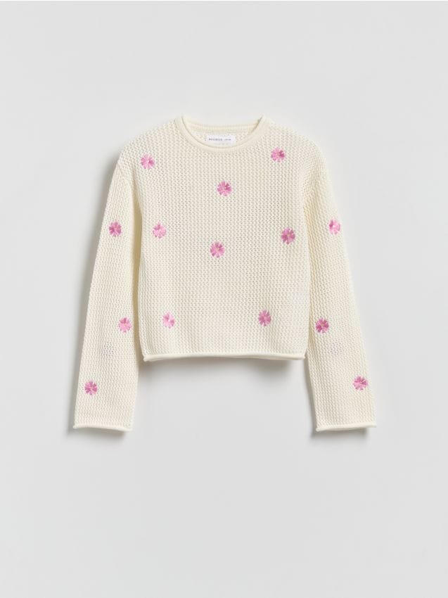 Reserved - Bawełniany sweter z haftem - złamana biel