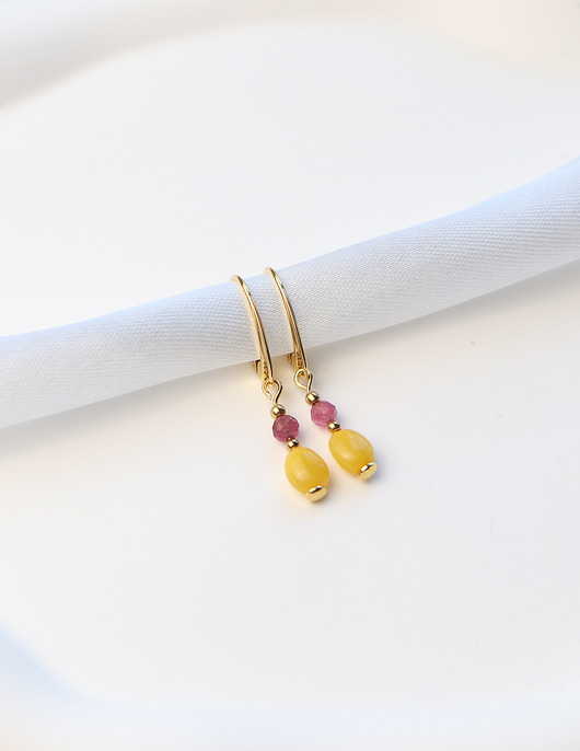 Kolczyki pozłacane - Bursztyn Mleczny, Różowy Turmalin