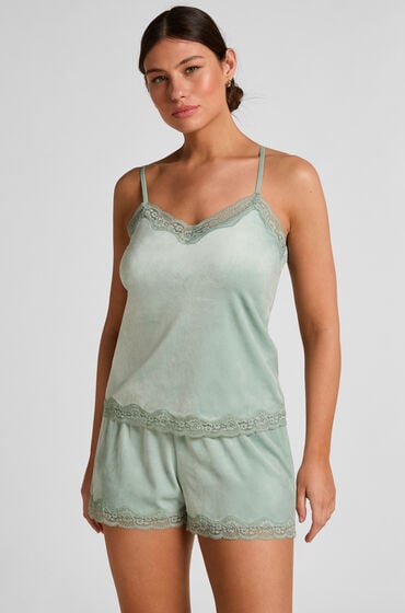 Hunkemöller Błyszczące welurowe szorty z koronką Zielony