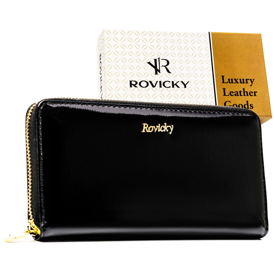 Czarny portfel-piórnik damski z lakierowanej skóry naturalnej wyposażony w system RFID - Rovicky