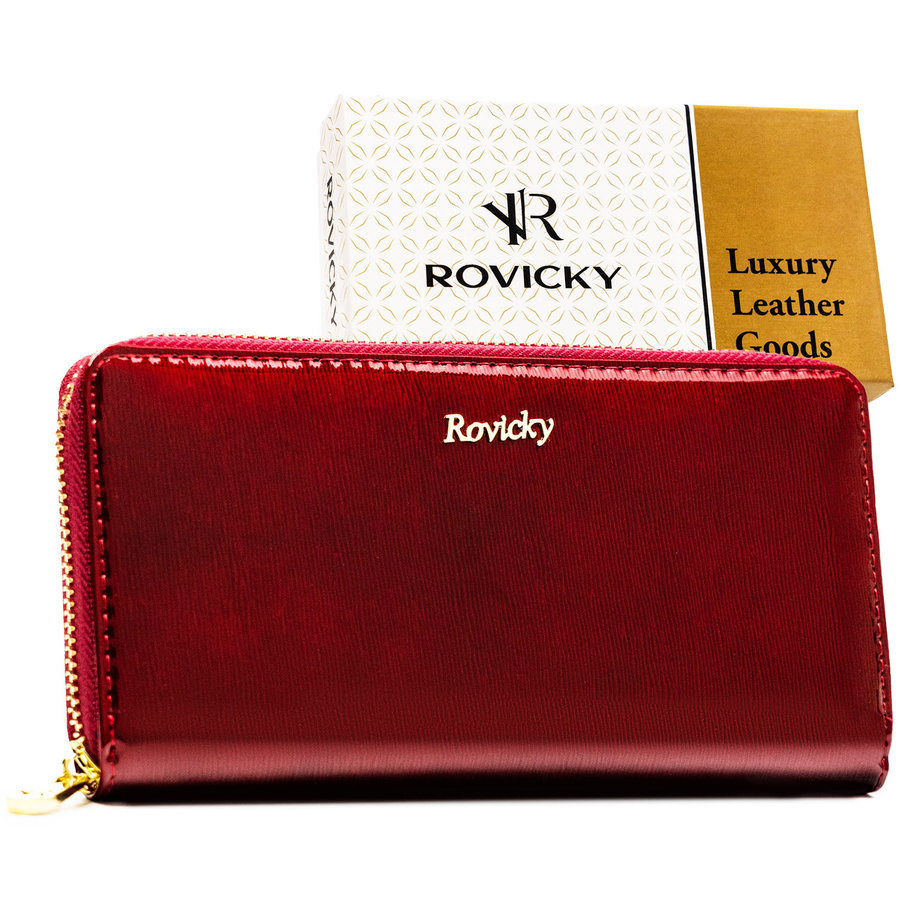 Czerwony portfel-piórnik damski z lakierowanej skóry naturalnej wyposażony w system RFID - Rovicky