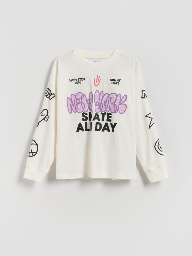 Reserved - Longsleeve z nadrukiem - złamana biel