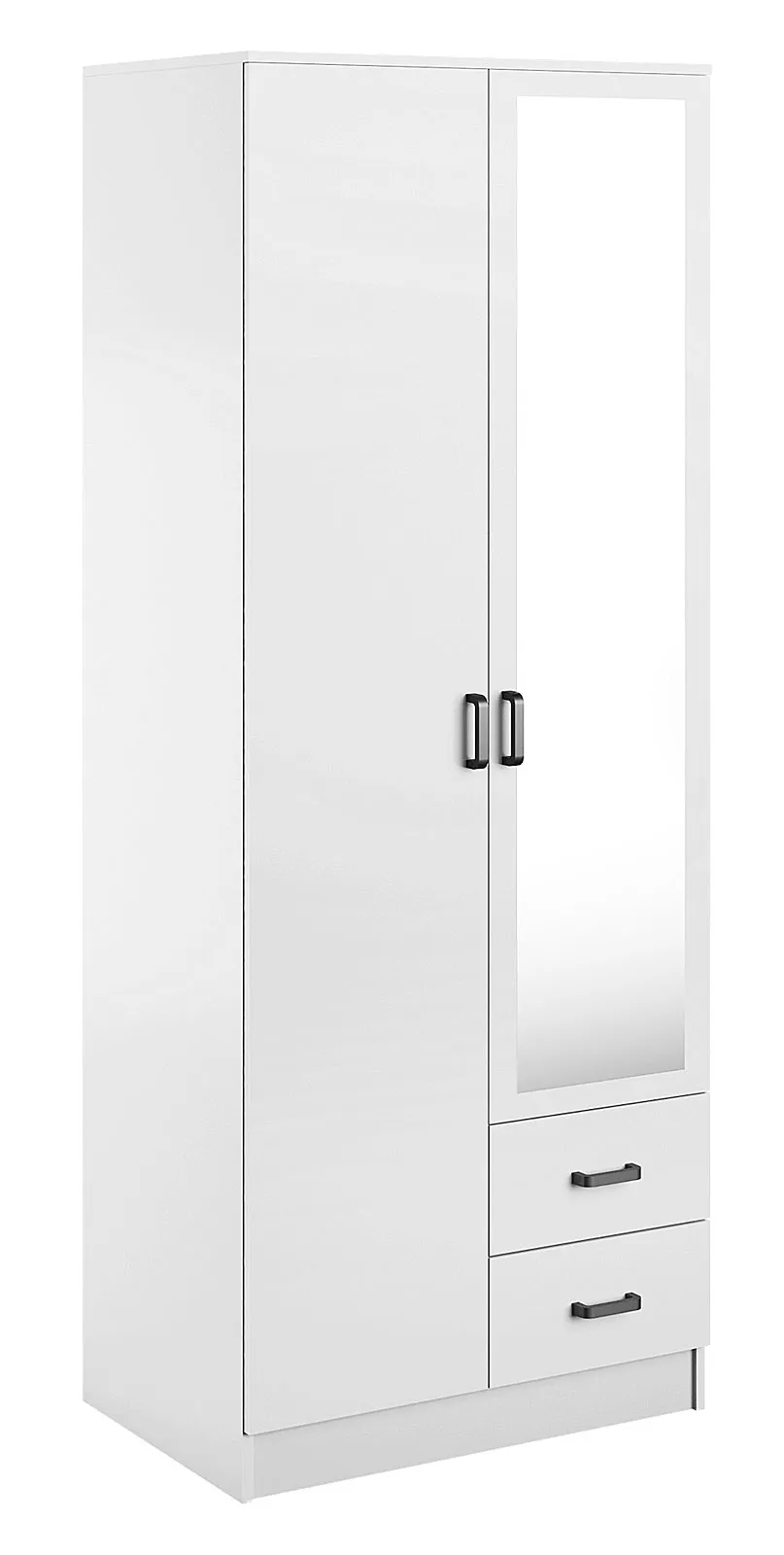 Biała minimalistyczna szafa z szufladami i lustrem E8-P73