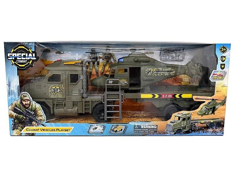 Auto wojskowe z lawetą i śmigłowcem - model lub pojazd