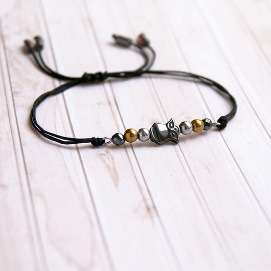 Sowa : hematyt : bransoletka na sznurku