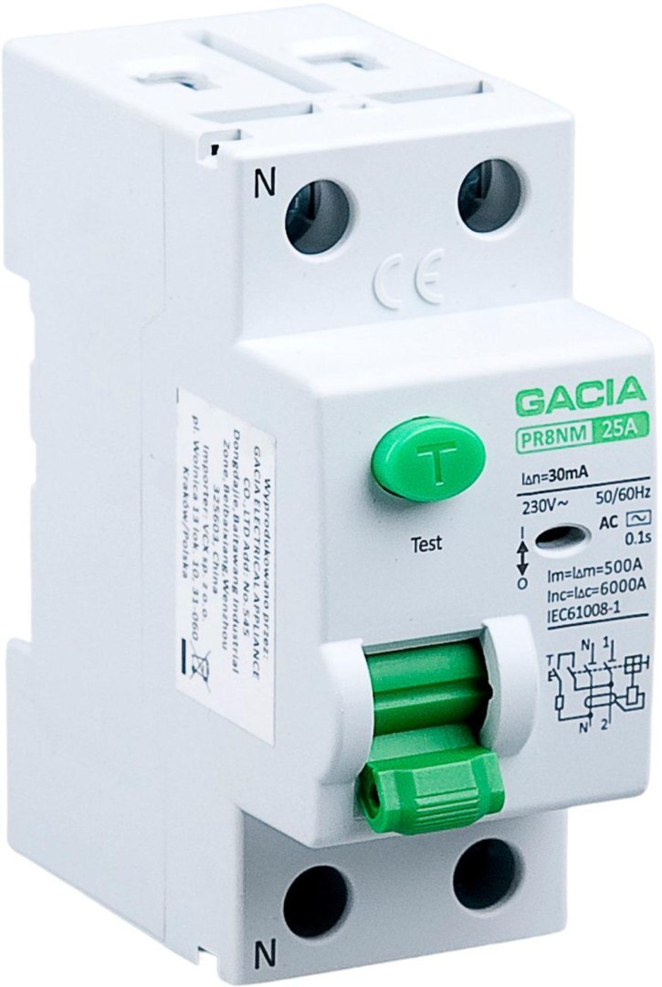 GACIA Wyłącznik różnicowoprądowy 25A, 30mA, 2P, typ A  PR8NM 2P 25A 30MA A